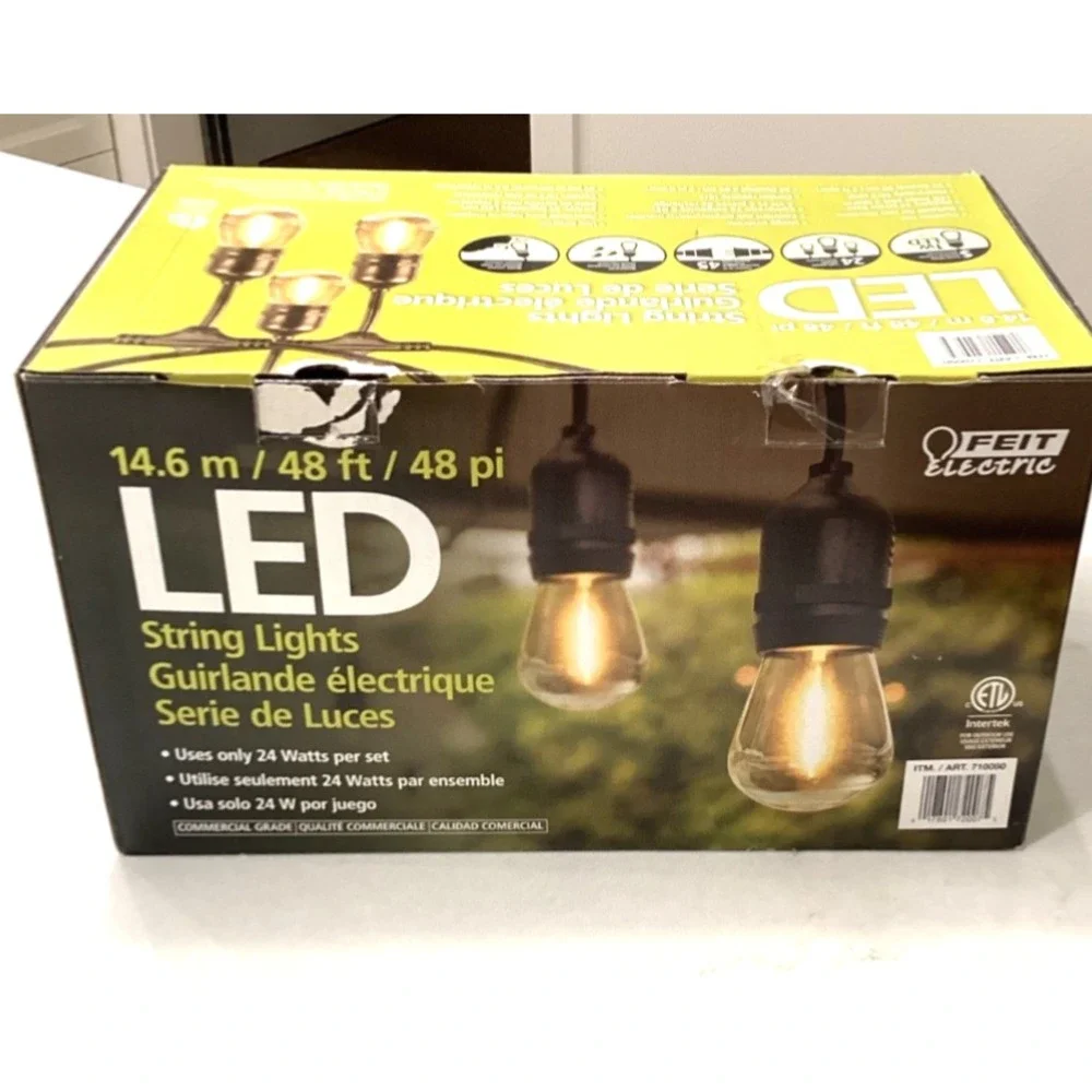 Feit Electric  48ft LED String Light - Black 24 Sockets/ LED Bulbs New Open Box